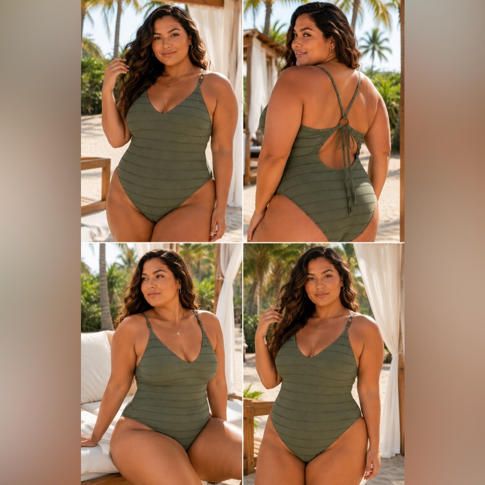 NWT Time and Tru 1X Olive Night One Piece Swimsuit High Leg V-Neck Plus‎ Size